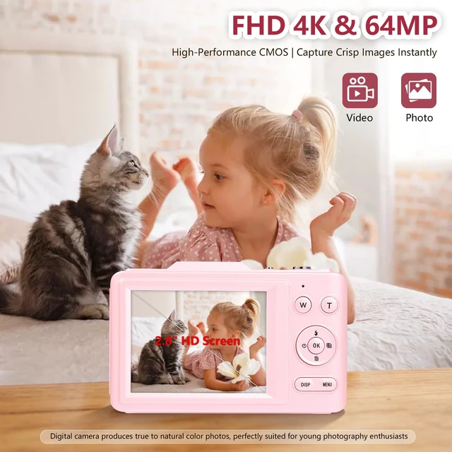 Alt view image 2 of 7 - Digital Camera Latest 4K Autofocus Camera, 64MP 2.8" Large FHD Screen, 64GB Card, 16X Zoom, Anti-Shake, Compact Portable Point and Shoot Camera for Kids Teens Beginners, Birthday Gift-Pink