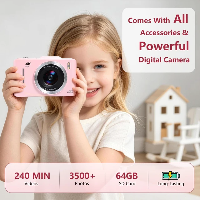 Alt view image 3 of 7 - Digital Camera Latest 4K Autofocus Camera, 64MP 2.8" Large FHD Screen, 64GB Card, 16X Zoom, Anti-Shake, Compact Portable Point and Shoot Camera for Kids Teens Beginners, Birthday Gift-Pink