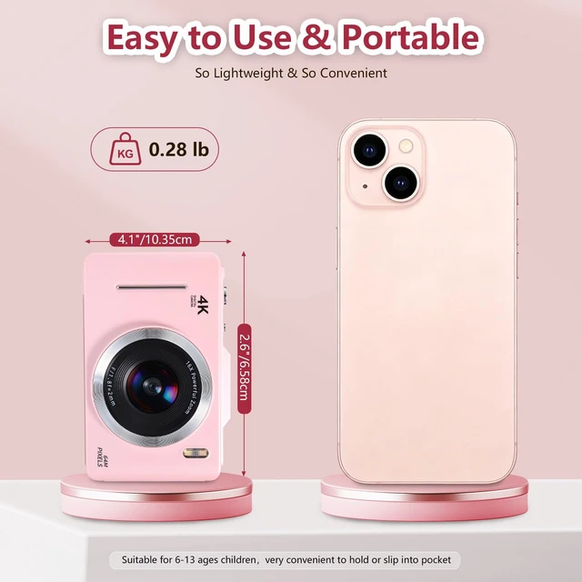 Alt view image 4 of 7 - Digital Camera Latest 4K Autofocus Camera, 64MP 2.8" Large FHD Screen, 64GB Card, 16X Zoom, Anti-Shake, Compact Portable Point and Shoot Camera for Kids Teens Beginners, Birthday Gift-Pink