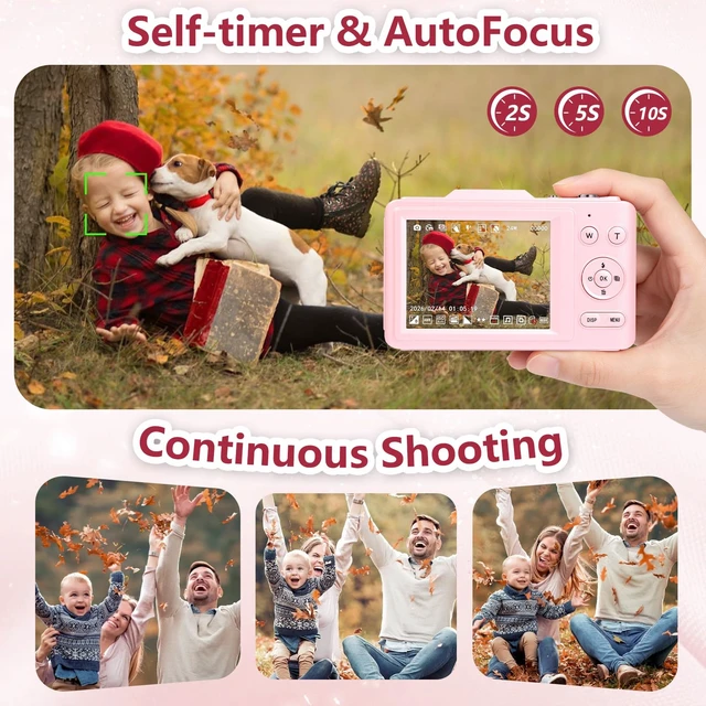 Alt view image 6 of 7 - Digital Camera Latest 4K Autofocus Camera, 64MP 2.8" Large FHD Screen, 64GB Card, 16X Zoom, Anti-Shake, Compact Portable Point and Shoot Camera for Kids Teens Beginners, Birthday Gift-Pink