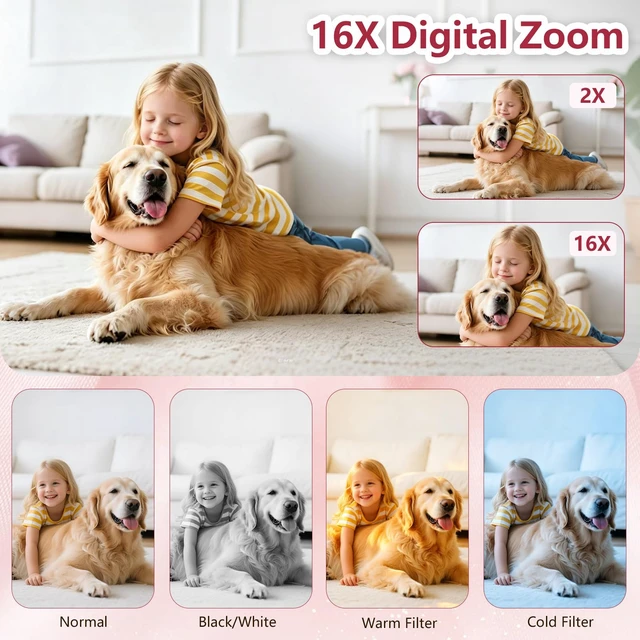 Alt view image 5 of 7 - Digital Camera Latest 4K Autofocus Camera, 64MP 2.8" Large FHD Screen, 64GB Card, 16X Zoom, Anti-Shake, Compact Portable Point and Shoot Camera for Kids Teens Beginners, Birthday Gift-Pink