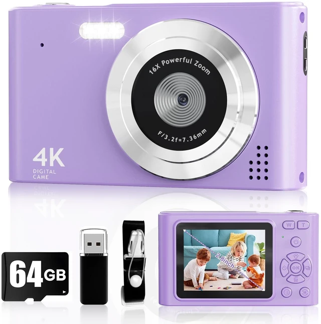 Main image of Digital Camera, 44MP Full HD 1080P Point and Shoot Camera with 64GB Card, Anti Shake 16X Zoom Compact Volg Cameras, Portable Small Digicam Gift for Kids, Ages Teen Girl Boy - Purple