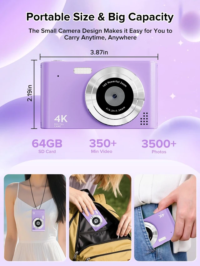 Alt view image 4 of 7 - Digital Camera, 44MP Full HD 1080P Point and Shoot Camera with 64GB Card, Anti Shake 16X Zoom Compact Volg Cameras, Portable Small Digicam Gift for Kids, Ages Teen Girl Boy - Purple