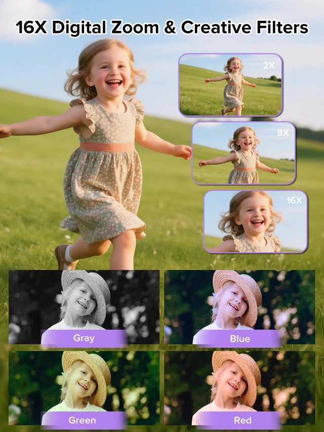 Alt view image 5 of 7 - Digital Camera, 44MP Full HD 1080P Point and Shoot Camera with 64GB Card, Anti Shake 16X Zoom Compact Volg Cameras, Portable Small Digicam Gift for Kids, Ages Teen Girl Boy - Purple