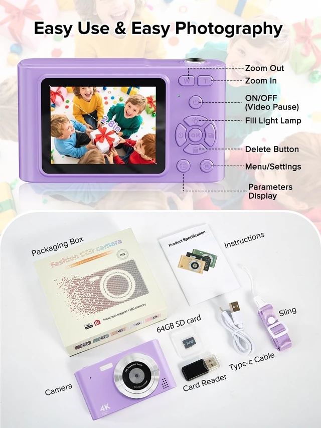 Alt view image 7 of 7 - Digital Camera, 44MP Full HD 1080P Point and Shoot Camera with 64GB Card, Anti Shake 16X Zoom Compact Volg Cameras, Portable Small Digicam Gift for Kids, Ages Teen Girl Boy - Purple