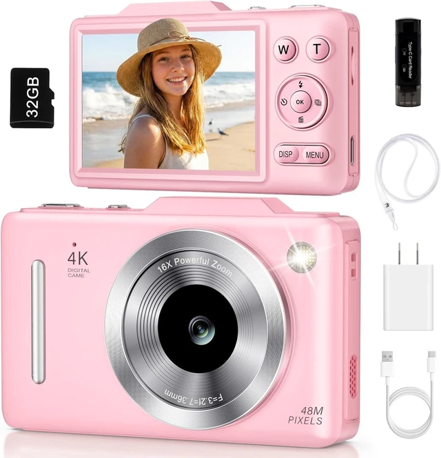 Main image of Digital Camera 4K Autofocus Vlogging Camera for Photography with 16X Zoom Anti Shake, 32G8 Card, 48MP Compact Portable Point and Shoot Camera Gift for Kids Beginner (Pink)