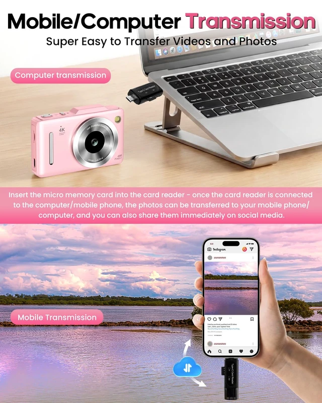 Alt view image 7 of 7 - Digital Camera 4K Autofocus Vlogging Camera for Photography with 16X Zoom Anti Shake, 32G8 Card, 48MP Compact Portable Point and Shoot Camera Gift for Kids Beginner (Pink)