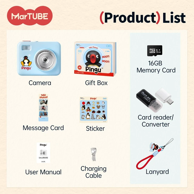 Alt view image 6 of 7 - Martube Pingu Cute Digital Camera with Flip Screen, Gift for Teens & Adults | Retro Portable Travel Digital Camera for Photos & Videos, Includes 16GB SD Card, Card Reader & OTG Adapter, Light Blue