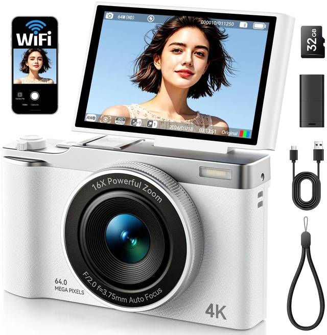 Main image of AEKOMi 4K Digital Camera WiFi 180°Flip Screen 64MP Autofocus 16X Zoom Video | Compact Point and Shoot Cameras for Beginners, Anti-Shake, Vlogging Camera With 32GB SD Card, White