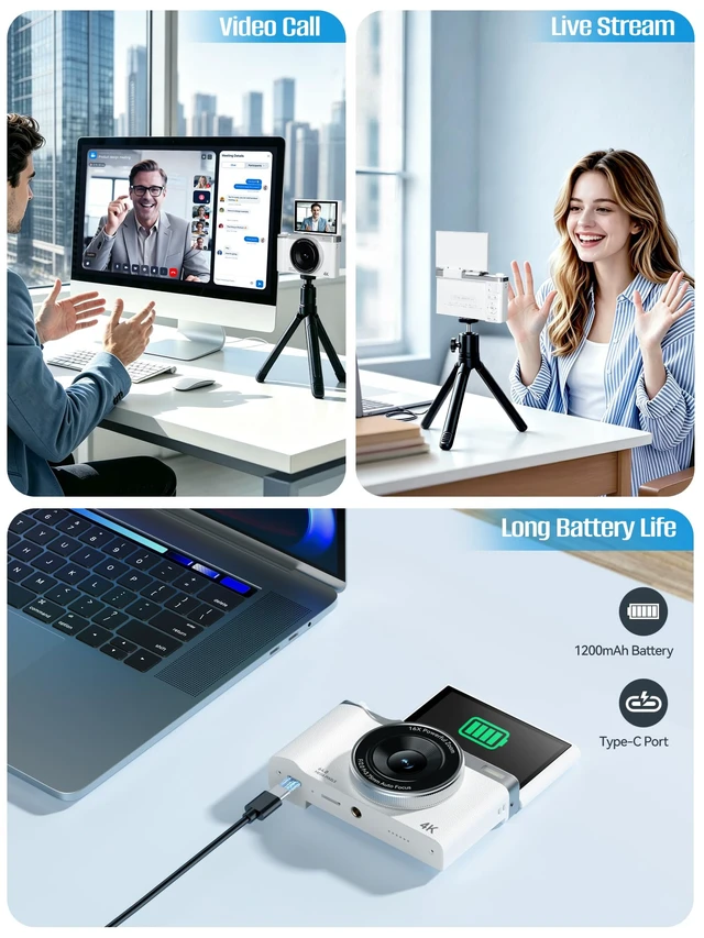 Alt view image 5 of 7 - AEKOMi 4K Digital Camera WiFi 180°Flip Screen 64MP Autofocus 16X Zoom Video | Compact Point and Shoot Cameras for Beginners, Anti-Shake, Vlogging Camera With 32GB SD Card, White