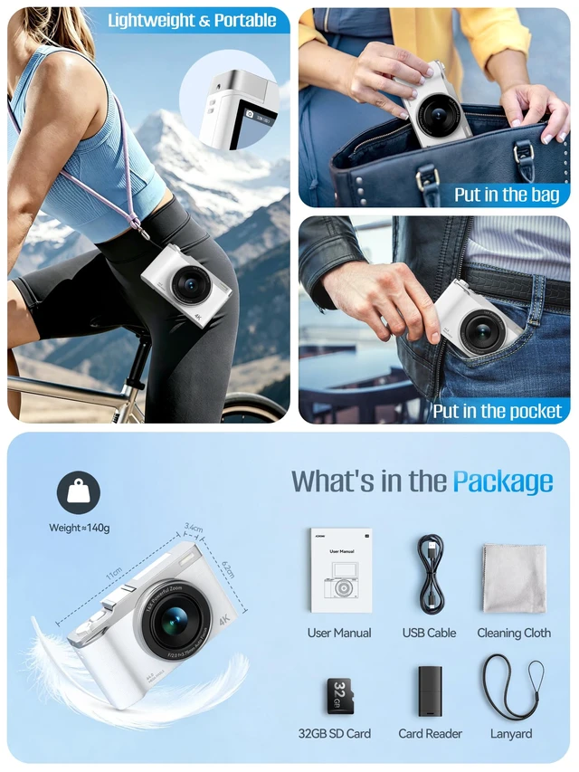 Alt view image 6 of 7 - AEKOMi 4K Digital Camera WiFi 180°Flip Screen 64MP Autofocus 16X Zoom Video | Compact Point and Shoot Cameras for Beginners, Anti-Shake, Vlogging Camera With 32GB SD Card, White