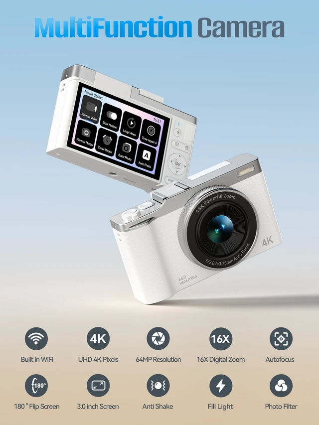 Alt view image 7 of 7 - AEKOMi 4K Digital Camera WiFi 180°Flip Screen 64MP Autofocus 16X Zoom Video | Compact Point and Shoot Cameras for Beginners, Anti-Shake, Vlogging Camera With 32GB SD Card, White