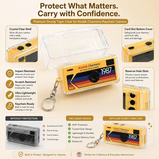Alt view image 2 of 5 - Kodak Charmera Keychain Digital Camera Random Style Blind Box | Bundle includes a Sturdy Tiger Crystal Clear Protective Case, 32GB Micro SD Card, Adapter & Camera Strap
