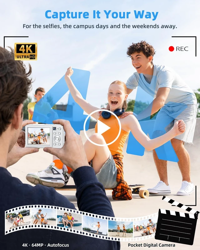 Alt view image 3 of 7 - 4K Digital Camera 64MP Autofocus for Selfies and Vlogging Point and Shoot | 2026 New Compact Camera with 16X Zoom Anti Shake Built In Flash 32GB Card and 2 Batteries Ideal Gift for Teens and Beginners