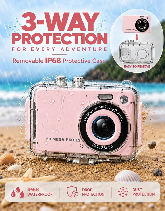 Alt view image 2 of 7 - Digital Camera,4K Vlogging Underwater Camera,50MP Kids Camera Teens | 4K Digital Camera w/ Waterproof Case, 32 Filters 16X Zoom, Kids Toys for Travel, Christmas Gift for 5-16 Year Old Girls Teens