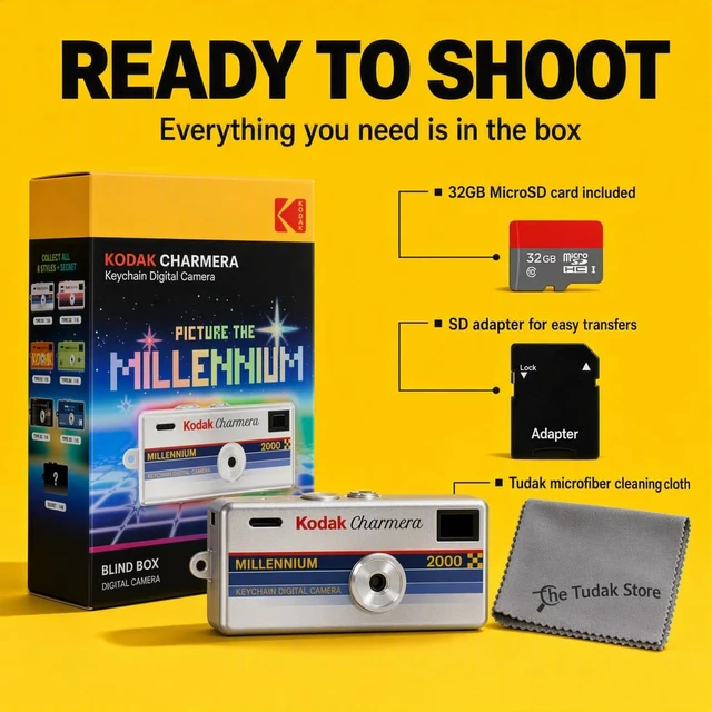 Alt view image 3 of 7 - Kodak Charmera Keychain Digital Camera Blind Box, Millennium, Single Box 1PC Bundled with Tudak Store Microfiber Cloth, 32GB MicroSD Card & Adapter 1.6MP Digicam, Video, Gift for Teens & Adults