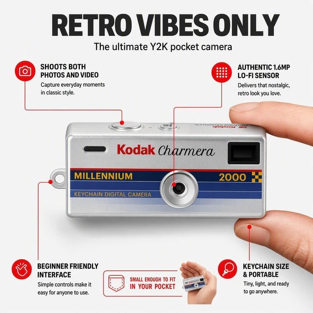 Alt view image 4 of 7 - Kodak Charmera Keychain Digital Camera Blind Box, Millennium, Single Box 1PC Bundled with Tudak Store Microfiber Cloth, 32GB MicroSD Card & Adapter 1.6MP Digicam, Video, Gift for Teens & Adults