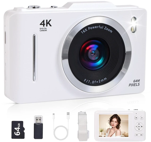 Main image of Digital Camera Latest 4K Autofocus Camera, 64MP 2.8" Large FHD Screen, 64GB Card, 16X Zoom, Anti-Shake, Compact Portable Point and Shoot Camera for Kids Teens Beginners, Birthday Gift-White