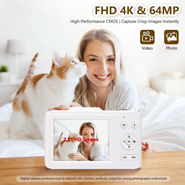 Alt view image 2 of 7 - Digital Camera Latest 4K Autofocus Camera, 64MP 2.8" Large FHD Screen, 64GB Card, 16X Zoom, Anti-Shake, Compact Portable Point and Shoot Camera for Kids Teens Beginners, Birthday Gift-White