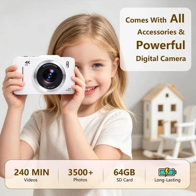 Alt view image 3 of 7 - Digital Camera Latest 4K Autofocus Camera, 64MP 2.8" Large FHD Screen, 64GB Card, 16X Zoom, Anti-Shake, Compact Portable Point and Shoot Camera for Kids Teens Beginners, Birthday Gift-White