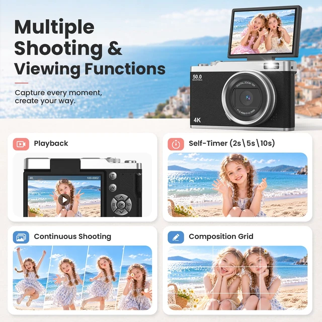 Alt view image 5 of 7 - Kids Digital Camera for Ages 6-15,Beginner Camera for Boys & Girls,Easy to Use Starter Camera with Flip Screen, Autofocus,Selfie & Video for Travel,School,Birthday, with SD Card