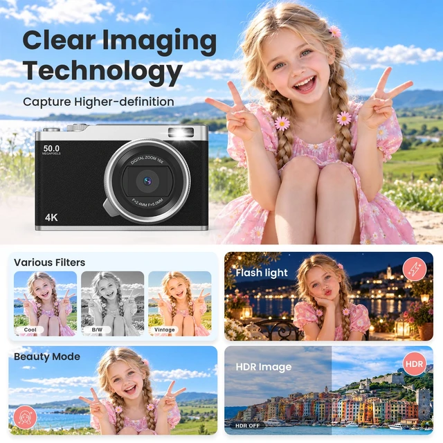 Alt view image 6 of 7 - Kids Digital Camera for Ages 6-15,Beginner Camera for Boys & Girls,Easy to Use Starter Camera with Flip Screen, Autofocus,Selfie & Video for Travel,School,Birthday, with SD Card