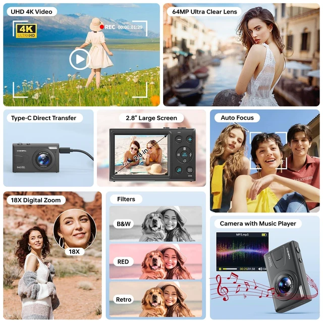 Alt view image 2 of 7 - Upgraded C2D 4K Digital Camera, 64MP Autofocus Video 18X Zoom 2.8" LCD Screen Vlog Camera for YouTube, 32GB SD Card USB 2.0 Recharging Li Battery Anti-Shake Compact Camera for Party Beginners, Black