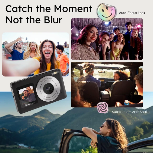 Alt view image 2 of 7 - Digital Camera,56MP Dual-Screen Point and Shoot Camera with Auto Focus,Smile Capture,Anti-Shake,16X Zoom,32GB SD Card Travel Camera Gift for Boys Girls Teens