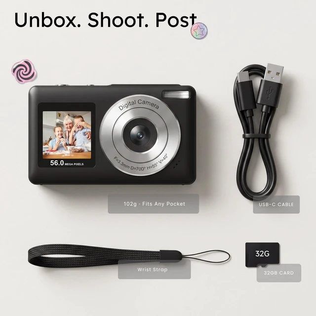 Alt view image 3 of 7 - Digital Camera,56MP Dual-Screen Point and Shoot Camera with Auto Focus,Smile Capture,Anti-Shake,16X Zoom,32GB SD Card Travel Camera Gift for Boys Girls Teens