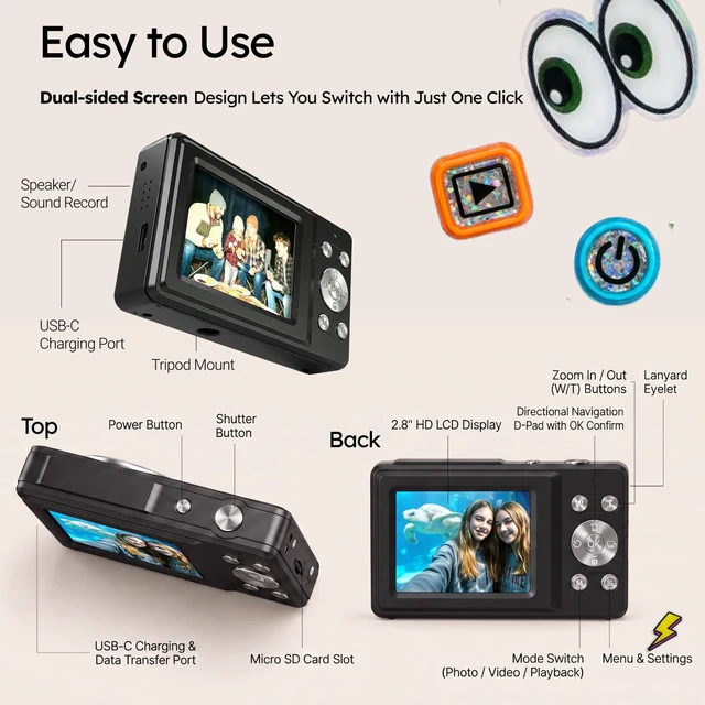 Alt view image 6 of 7 - Digital Camera,56MP Dual-Screen Point and Shoot Camera with Auto Focus,Smile Capture,Anti-Shake,16X Zoom,32GB SD Card Travel Camera Gift for Boys Girls Teens
