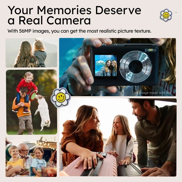 Alt view image 7 of 7 - Digital Camera,56MP Dual-Screen Point and Shoot Camera with Auto Focus,Smile Capture,Anti-Shake,16X Zoom,32GB SD Card Travel Camera Gift for Boys Girls Teens