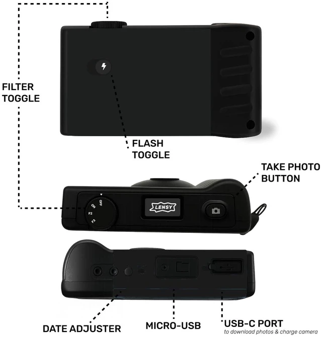 Alt view image 7 of 7 - LENSY Screen Free Digital Camera | Four Built in Filters | Rechargeable, 8mp, Lightweight, Focus-Free, Auto-Flash, Easy-to-Use, Reusable, Retro Film-Style Photos (Matte Black)