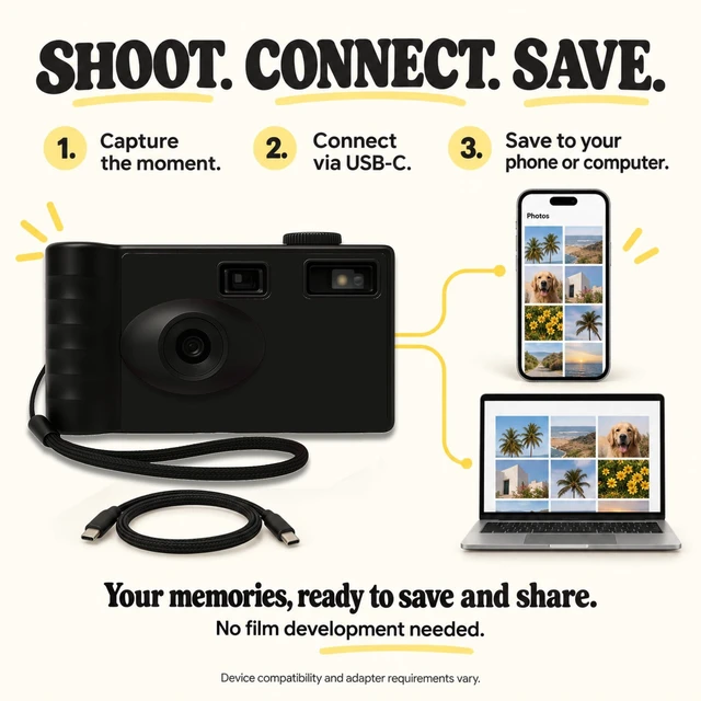 Alt view image 4 of 7 - LENSY Screen Free Digital Camera | Four Built in Filters | Rechargeable, 8mp, Lightweight, Focus-Free, Auto-Flash, Easy-to-Use, Reusable, Retro Film-Style Photos (Matte Black)