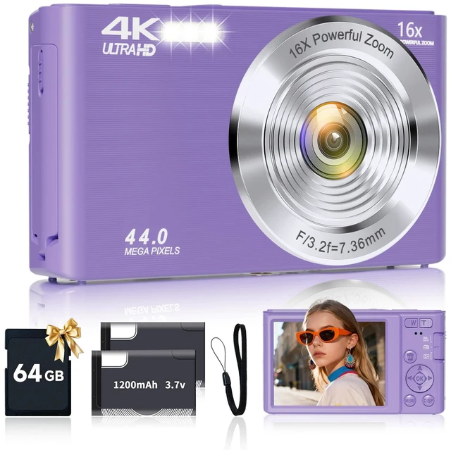 Main image of Digital Camera, FHD 4K Digital Camera for Kids Purple with 64GB SD Card 16X Digital Zoom, Cameras for Photography Compact Point and Shoot Camera for Teen Boys Girls Kids Autofocus Camera Digital