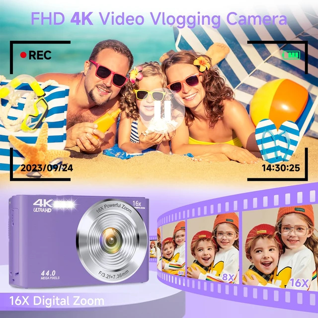 Alt view image 3 of 7 - Digital Camera, FHD 4K Digital Camera for Kids Purple with 64GB SD Card 16X Digital Zoom, Cameras for Photography Compact Point and Shoot Camera for Teen Boys Girls Kids Autofocus Camera Digital
