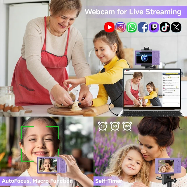Alt view image 5 of 7 - Digital Camera, FHD 4K Digital Camera for Kids Purple with 64GB SD Card 16X Digital Zoom, Cameras for Photography Compact Point and Shoot Camera for Teen Boys Girls Kids Autofocus Camera Digital