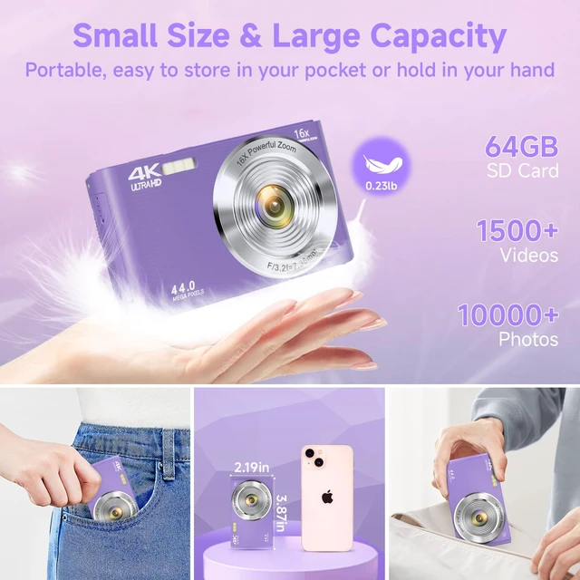 Alt view image 6 of 7 - Digital Camera, FHD 4K Digital Camera for Kids Purple with 64GB SD Card 16X Digital Zoom, Cameras for Photography Compact Point and Shoot Camera for Teen Boys Girls Kids Autofocus Camera Digital