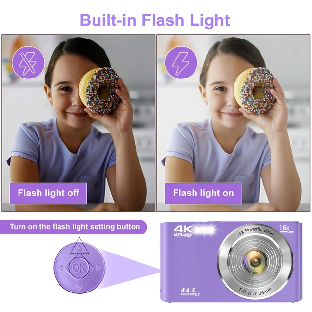 Alt view image 7 of 7 - Digital Camera, FHD 4K Digital Camera for Kids Purple with 64GB SD Card 16X Digital Zoom, Cameras for Photography Compact Point and Shoot Camera for Teen Boys Girls Kids Autofocus Camera Digital