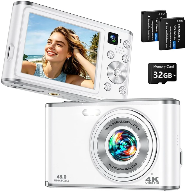 Main image of 4K Digital Camera for Photography 48MP Dual Lens Autofocus 16X Zoom, White | Portable with Anti-Shake, Flash, 2.8" Screen, Vlogging Camera for YouTube Travel Selfies, Beginners, 32GB Card, 2 Batteries