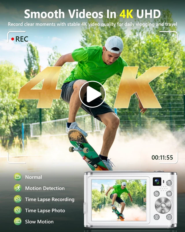 Alt view image 2 of 7 - 4K Digital Camera for Photography 48MP Dual Lens Autofocus 16X Zoom, White | Portable with Anti-Shake, Flash, 2.8" Screen, Vlogging Camera for YouTube Travel Selfies, Beginners, 32GB Card, 2 Batteries