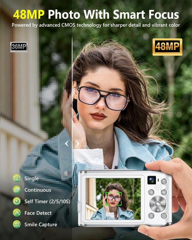 Alt view image 3 of 7 - 4K Digital Camera for Photography 48MP Dual Lens Autofocus 16X Zoom, White | Portable with Anti-Shake, Flash, 2.8" Screen, Vlogging Camera for YouTube Travel Selfies, Beginners, 32GB Card, 2 Batteries