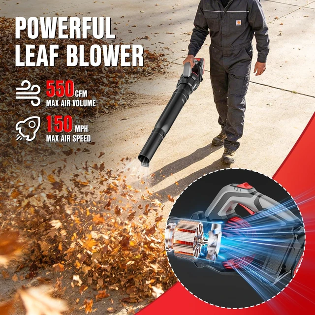Alt view image 2 of 7 - EWORK Leaf Blower, Leaf Blower Cordless with 2×2.0Ah Batteries and Charger | 20V Electric Leaf Blower, 3 Speed Modes, 550CFM150MPH, Lightweight Handheld Blowers for Lawn Care, Patio, Yard Cleaning