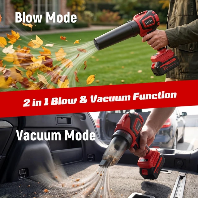 Alt view image 2 of 7 - TeraTek Cordless Leaf Blower, Blow & Vacuum, Handheld Compact Small | 2X 21V 4.0Ah Batteries & 2 Nozzles with Storage Box, for Yard Lawn Care, Snow Removal, Water Drying, Dust Cleaning
