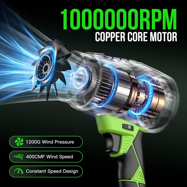 Alt view image 3 of 7 - Leaf Blower Cordless 1000,000 RPM Handheld Lightweight Patio Cleaning Turbo Jet Blower Set Adjustable and Lockable Wind Speed Design with Battery and Charger Blowing Leaves and Dust Car Dryer(Green)