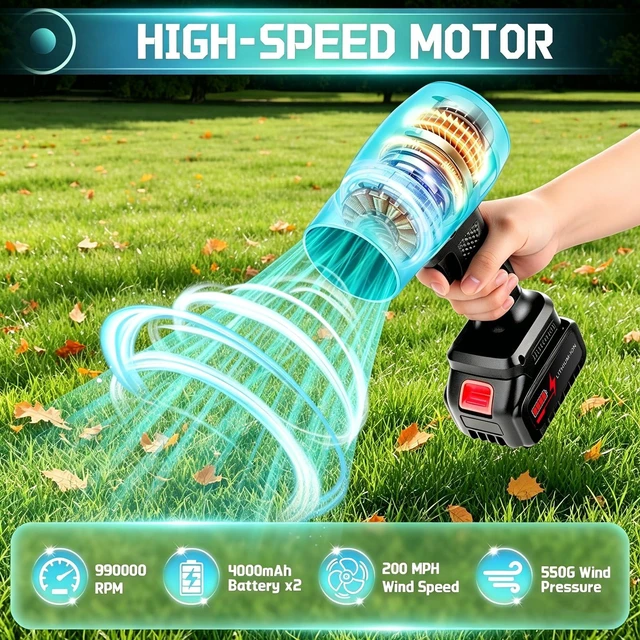 Alt view image 2 of 7 - laapee Handheld Leaf Blower Cordless 990,000 RPM with 2 x 4.0Ah Battery | Lawn Care, Yard Cleaning, Car Blowing, Stepless Speed, Copper-core DC Motor, with Storage Case, with Gloves, Electric Blower