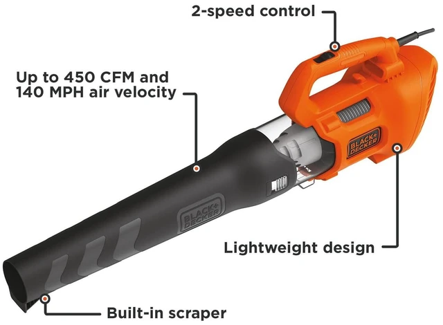 Alt view image 2 of 7 - BLACK + DECKER Electric Leaf Blower, Hand Held Blowers for Lawn Care, Up to 450 CFM and 140 MPH Power, Axial, Lightweight, Corded (BEBL750)