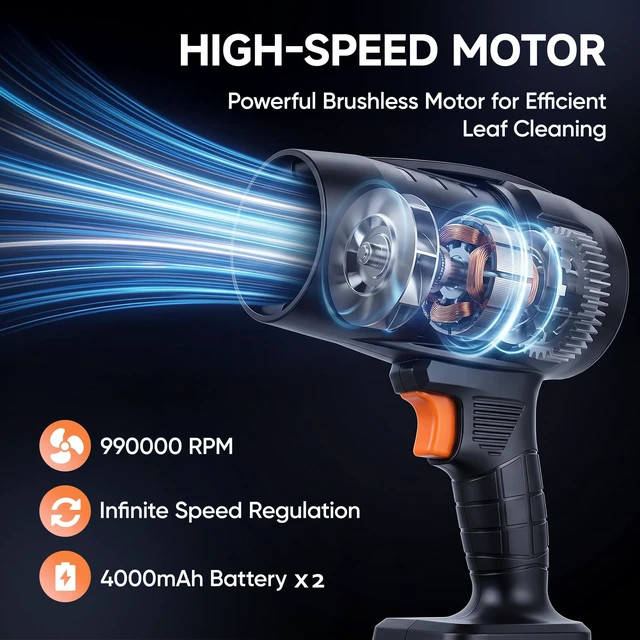 Alt view image 2 of 7 - Cordless Leaf Blower, Handheld Blower with 2 x 4.0Ah Battery - Orange | 990,000 RPM Turbo Jet Blower, Lightweight Electric Leaf Blower for Lawn, Patio, Yard, Garden Care