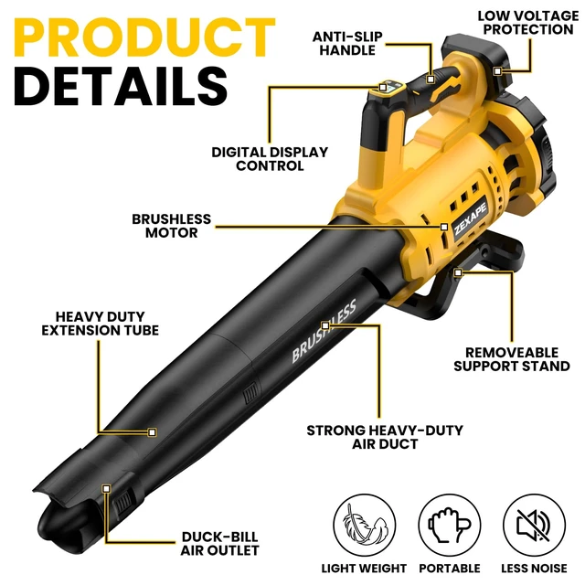 Alt view image 7 of 7 - ZEXAPE Cordless Leaf Blower for Dewalt Battery, 480 CFM Electric Blower with Brushless Motor, 6 Variable Speed Up to 130MPH, Digital Display Control Handheld Blower for Lawn Care, Yard(No Battery)