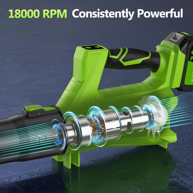 Alt view image 4 of 7 - Leaf Blower Cordless with 2 x 3.0Ah Battery and Charger, 680CFM 260MPH Electric Blower with 2 Speeds, 20V Handheld Leaf Blower for Lawn Care, Blowing Leaves, Dust, Snow, Gravel for Patio, Yard, Green