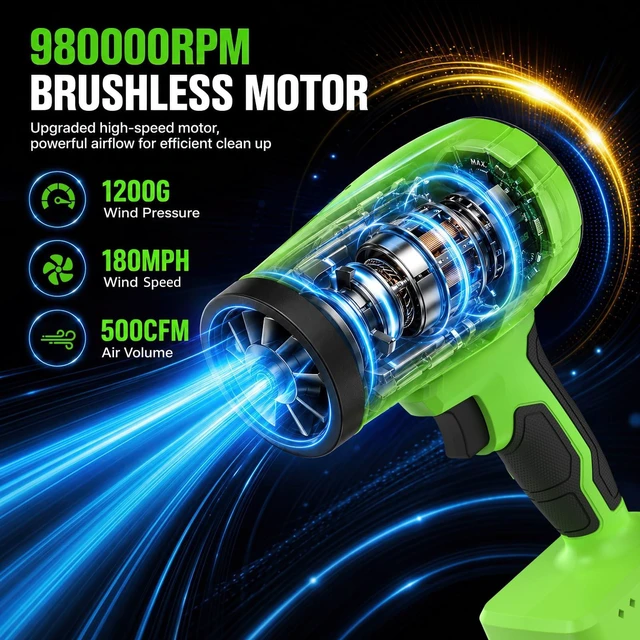 Alt view image 2 of 7 - Brushless Leaf Blower Cordless with 2 Batteries and Charger (Green) | Lightweight, Small Electric Handheld Blower with Variable Speed for Lawn Care, Patio, Yard, Garage, Leaves & Dust Cleaning